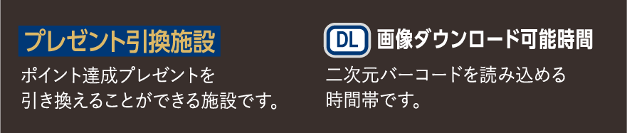 プレゼント引換施設ポイント達成…プレゼントを引き換えることができる施設です。画像ダウンロード可能時間…二次元バーコードを読み込める時間帯です。